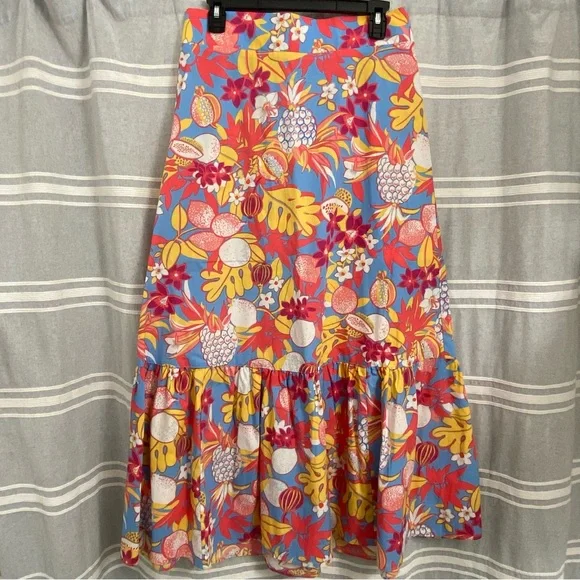 TALBOTS / Fruits and Flowers Poplin Tiered Maxi Skirt Pullon Size M - Picture 2 of 12